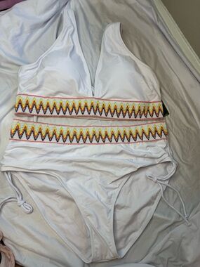 White V-Neck Bikini with Multicolor Zigzag Trim